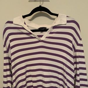 Y2K Oversized Purple Striped Polo Collared V-Neck Shirt